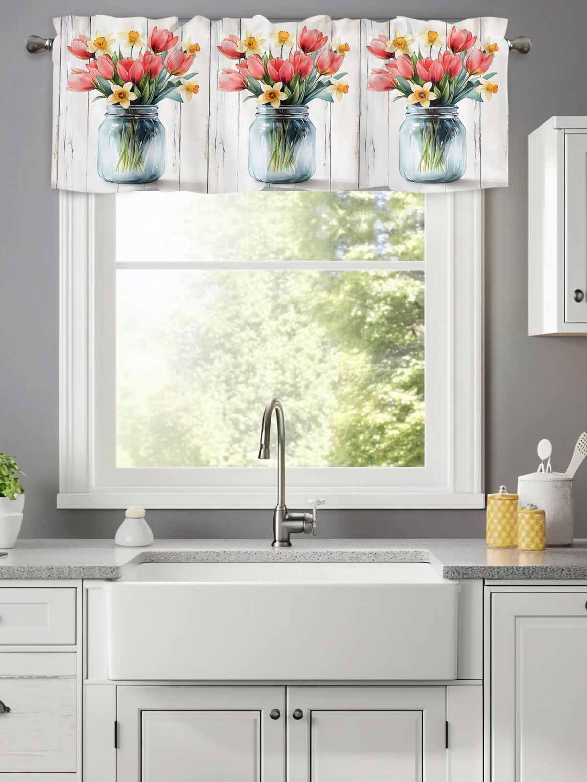 Curtain Valance for Windows,Farm Blossom Tulip Glass Vase Kitchen