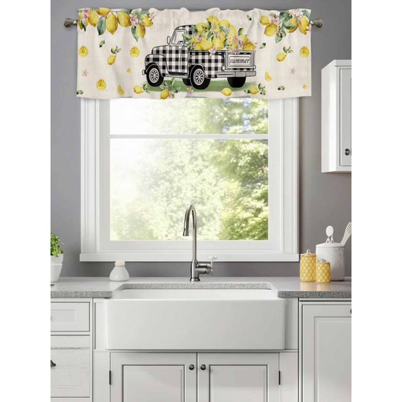 Curtain Valance for Windows,Farm Checker Truck Lemon Kitchen Valances Rod Pocket Short Curtains,Pastoral Fruit Flower Leaf on Linen Window Treatment Panel for Bedroom Bathroom 42x12in