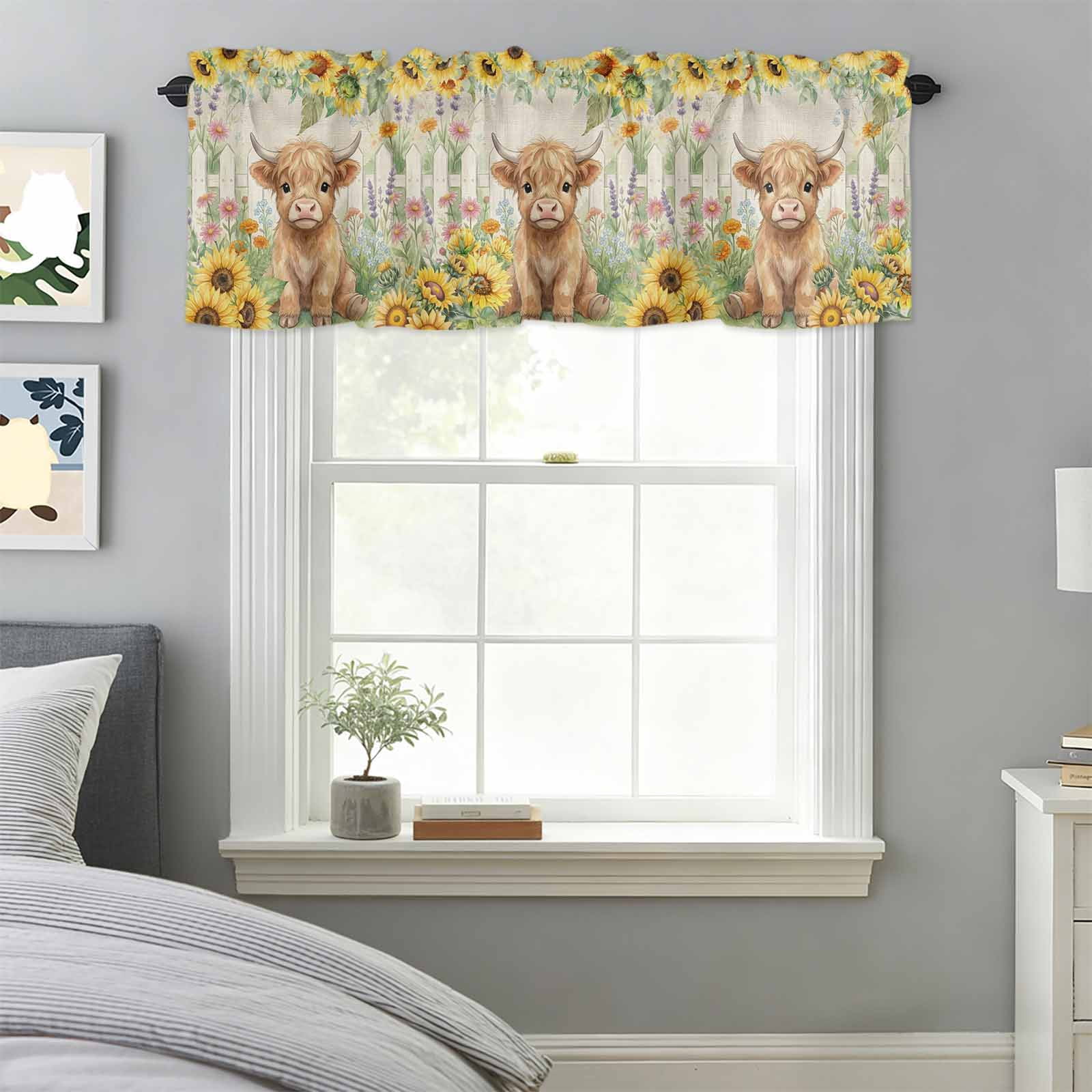 Curtain Valance for Windows, Farm Cow Blossom Sunflower Kitchen ...