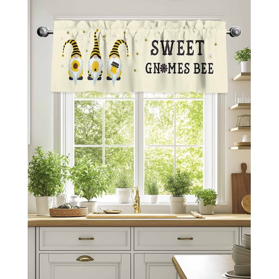 Curtain Valance for Windows,Farm Dwarf Sweet Gnome Bee Watercolor Yellow Stripes Kitchen Valances Rod Pocket Short Curtains,Pastoral Flower Black Lines Window Treatment Panel for Bedroom 54"x18"
