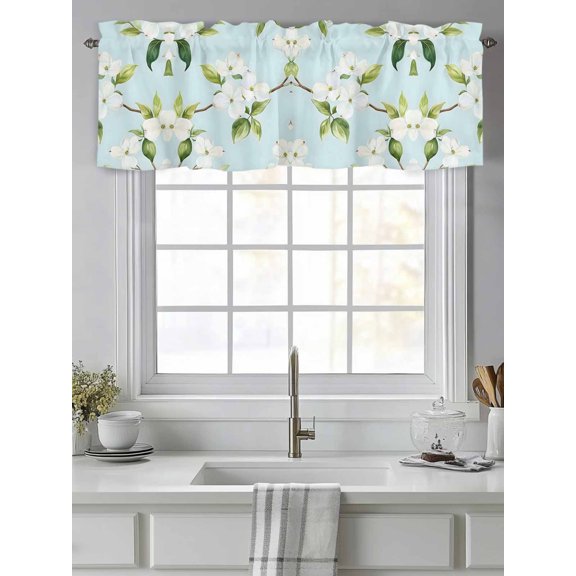 Curtain Valance for Windows,Farm Flower Green Leaves Branch Kitchen Valances Rod Pocket Short Curtains,Gardenia Bloom Floral Window Treatment Panel for Bedroom Bathroom 42"x12"