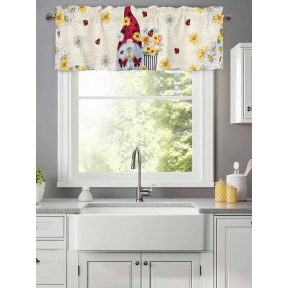 Curtain Valance for Windows,Farm Gnome Daisy Floral Kitchen Valances Rod Pocket Short Curtains,Yellow Beige Window Treatment Panel for Bedroom Bathroom 42x12in