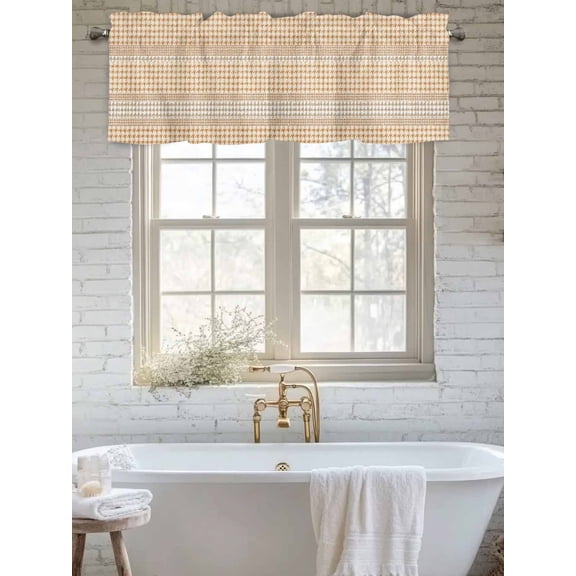 Curtain Valance for Windows, Farm Lattice Houndstooth Pattern Kitchen Valances Rod Pocket Short Curtains, Rustic Beige Khaki Plaid Window Valance for Bedroom Bathroom Living room 56x16in