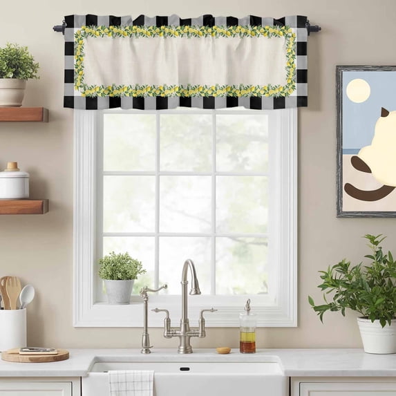 Curtain Valance for Windows, Farm Lemon Flower Leaves Linen Kitchen Valances Rod Pocket Short Curtains, Classic Black White Buffalo Window Valance for Bedroom Bathroom Living room 54x18in
