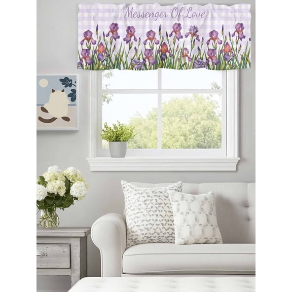 Curtain Valance for Windows,Farm Purple Flower Iris Gradient Floral Kitchen Valances Rod Pocket Short Curtains,White Buffalo Plaid Window Treatment Panel for Bedroom Bathroom 60"x18"