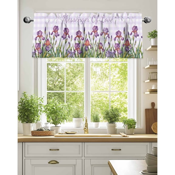 Curtain Valance for Windows,Farm Purple Flower Iris Gradient Floral Kitchen Valances Rod Pocket Short Curtains,White Buffalo Plaid Window Treatment Panel for Bedroom Bathroom 42"x18"