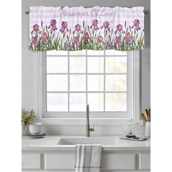 Curtain Valance for Windows,Farm Purple Flower Iris Gradient Floral Kitchen Valances Rod Pocket Short Curtains,White Buffalo Plaid Window Treatment Panel for Bedroom Bathroom 42"x12"