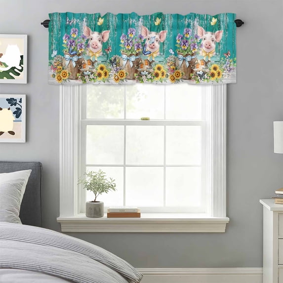 Curtain Valance for Windows, Farm Spring Flower Pig Butterfly Kitchen Valances Rod Pocket Short Curtains, Rustic Retro Teal Wood Grain Window Valance for Bedroom Bathroom Living room 42x18in