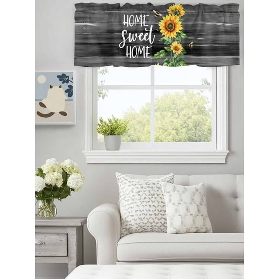 Curtain Valance for Windows,Farm Sunflower Bee Sweet Home Text Kitchen Valances Rod Pocket Short Curtains,Vintage Black Grey Wood Window Treatment Panel for Bedroom Bathroom 60x18in