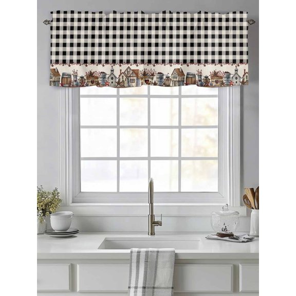 Curtain Valance for Windows,Farm Wooden House Black Buffalo Plaid Kitchen Valances Rod Pocket Short Curtains,Western Star Window Treatment Panel for Bedroom Bathroom 42"x12"