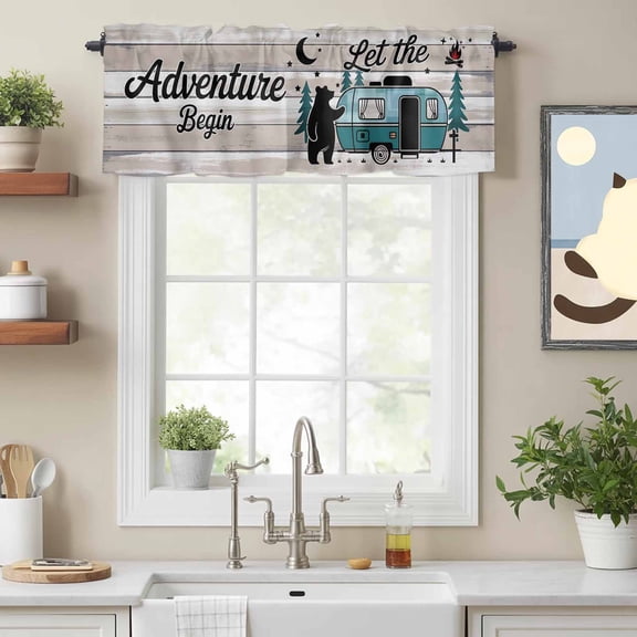 Curtain Valance for Windows, Farmhouse Bear Camper Van Tree Kitchen Valances Rod Pocket Short Curtains, Vintage Wood Grain Window Valance for Bedroom Bathroom Living room 54x18in