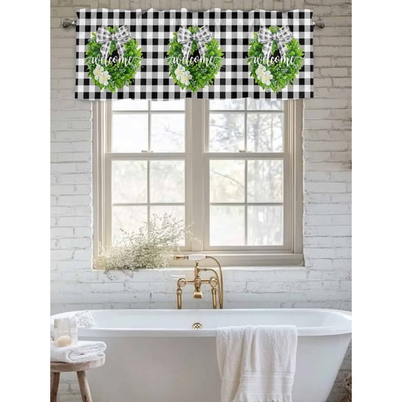 Curtain Valance for Windows, Farmhouse Boxwood Wreath Kitchen Valances Rod Pocket Short Curtains, Black White Checkered Bow Flower Window Valance for Bedroom Bathroom Living room 56x16in