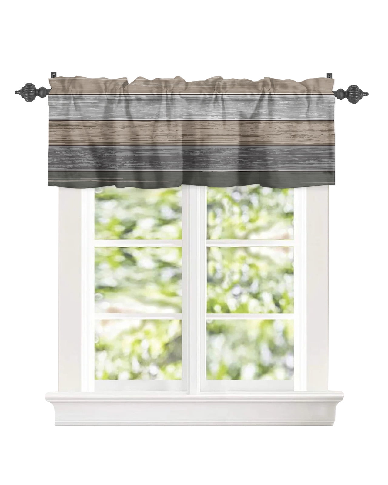 Curtain Valance for Windows Farmhouse Brown Grey Gradient Wooden Board