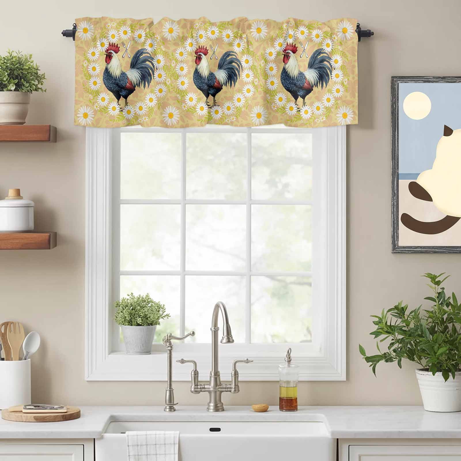 Curtain Valance for Windows, Farmhouse Rooster White Daisy Kitchen