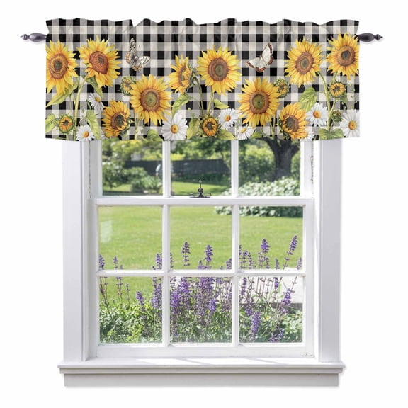 Curtain Valance for Windows, Farmhouse Sunflower Butterfly Kitchen Valances Rod Pocket Short Curtains, Pastoral Flower Buffalo Check Window Valance for Bedroom Bathroom Living room 42x12in