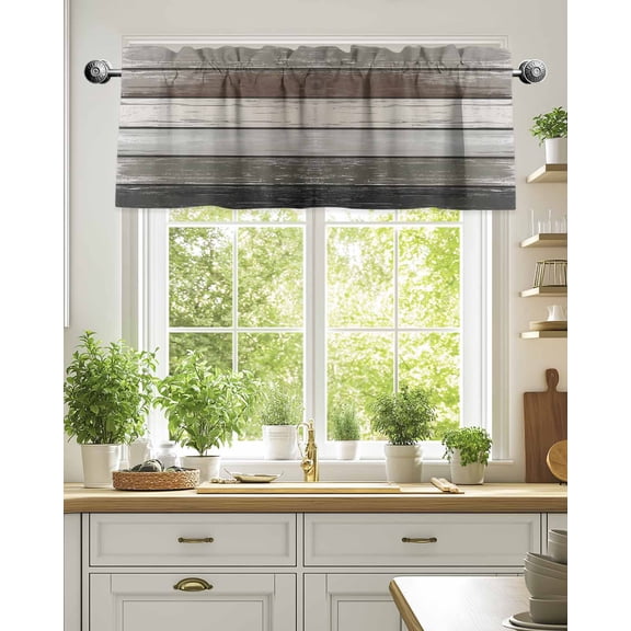 Curtain Valance for Windows,Farmhouse Vintage Brown Wood Board Kitchen Valances Rod Pocket Short Curtains,Old Wooden Window Treatment Panel for Bedroom Bathroom 54"x18"