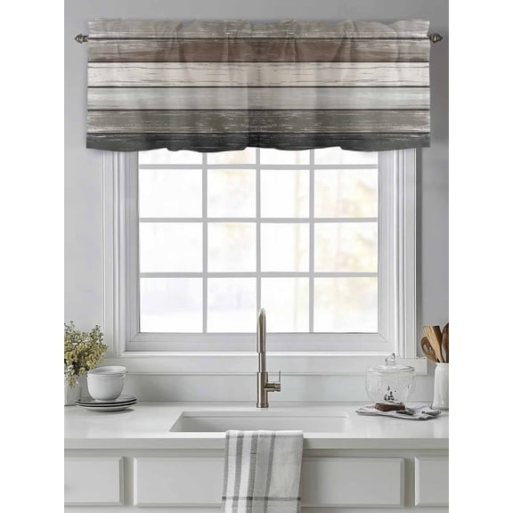 Curtain Valance for Windows,Farmhouse Vintage Brown Wood Board Kitchen Valances Rod Pocket Short Curtains,Old Wooden Window Treatment Panel for Bedroom Bathroom 42"x12"