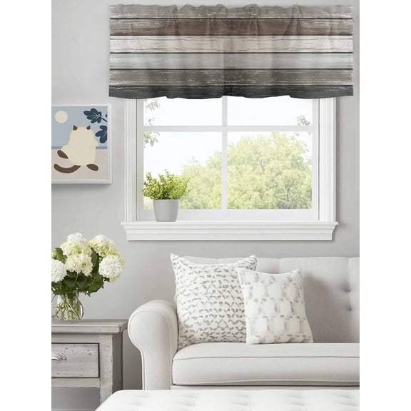 Curtain Valance for Windows,Farmhouse Vintage Brown Wood Board Kitchen Valances Rod Pocket Short Curtains,Old Wooden Window Treatment Panel for Bedroom Bathroom 60"x18"