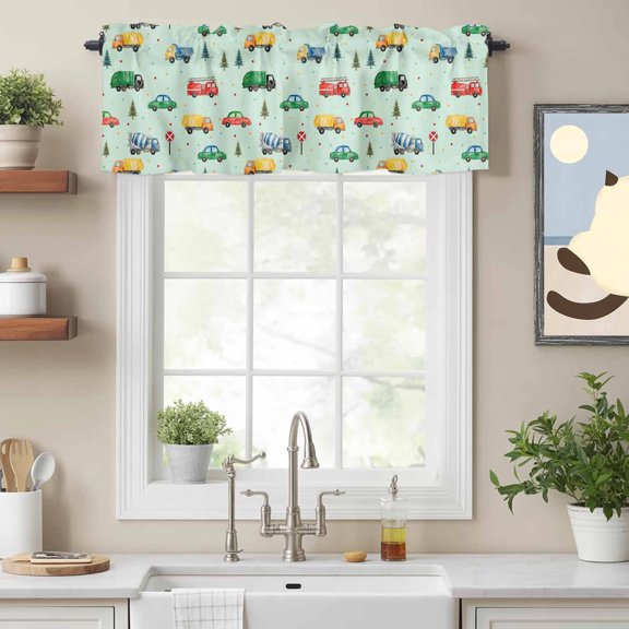 Curtain Valance for Windows, Fire Trucks Engineering Vehicles Trees Cars Kitchen Valances Rod Pocket Short Curtains, Wave Points Window Valance for Bedroom Bathroom Living room 54x18in