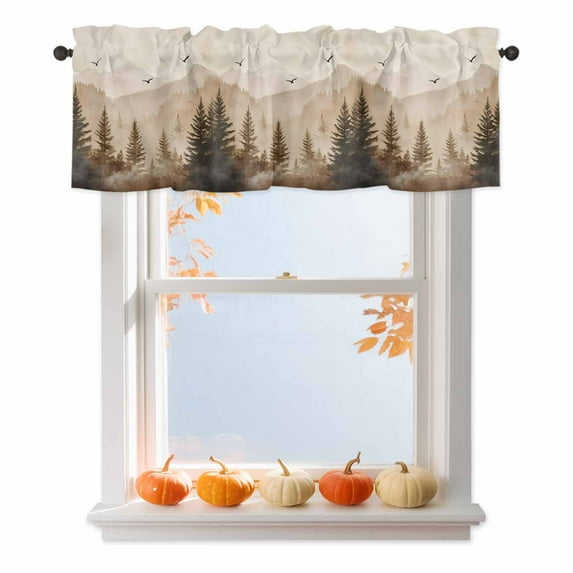 Curtain Valance for Windows,Foggy Mountain Forest Tree Bird Kitchen Valances Rod Pocket Short Curtains,Retro Natural Scenic Theme Window Treatment Panel for Bedroom Living Room Bathroom 42"x12"