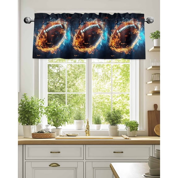Curtain Valance for Windows,Football Ice and Fire Abstract Art Kitchen Valances Rod Pocket Short Curtains,Rugby Technological Style Window Treatment Panel for Bedroom Bathroom 42"x18"