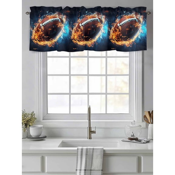 Curtain Valance for Windows,Football Ice and Fire Abstract Art Kitchen Valances Rod Pocket Short Curtains,Rugby Technological Style Window Treatment Panel for Bedroom Bathroom 42"x12"