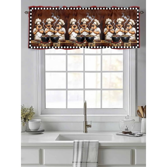Curtain Valance for Windows,Fun Chef Food Kitchen Cooking Kitchen Valances Rod Pocket Short Curtains,Black White Checked Window Treatment Panel for Bedroom Bathroom 42"x12"