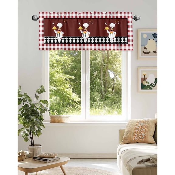 Curtain Valance for Windows,Funny Chef Kitchen Tableware Kitchen Valances Rod Pocket Short Curtains,Burgundy Red Black Lattice Window Treatment Panel for Bedroom Bathroom 42x18in