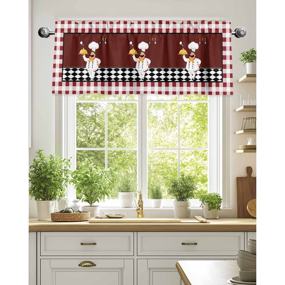 Curtain Valance for Windows,Funny Chef Kitchen Tableware Kitchen Valances Rod Pocket Short Curtains,Burgundy Red Black Lattice Window Treatment Panel for Bedroom Bathroom 54x18in