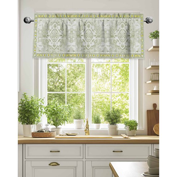 Curtain Valance for Windows,Geometric Ethnic Sage Green Artwork Kitchen Valances Rod Pocket Short Curtains,Abstract Retro Texture Window Treatment Panel for Bedroom Bathroom 54x18in