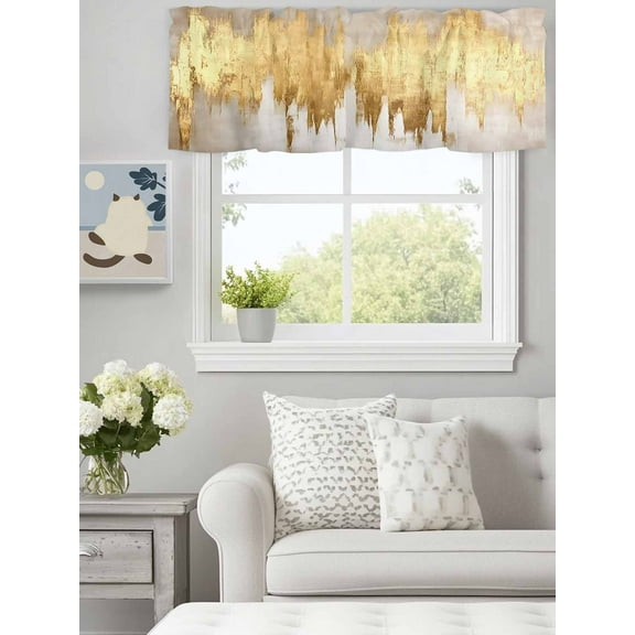 Curtain Valance for Windows,Gold Foil Abstract Geometric Kitchen Valances Rod Pocket Short Curtains,Color Block Impressionist Style Window Treatment Panel for Bedroom Bathroom 60"x18"