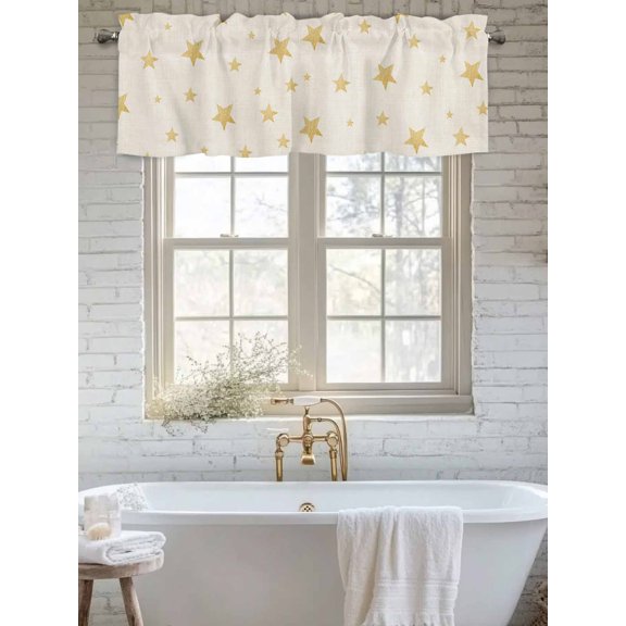 Curtain Valance for Windows, Gold Stars on Burlap Linen Kitchen Valances Rod Pocket Short Curtains, Seamless Shining Star Window Valance for Bedroom Bathroom Living room 56x16in