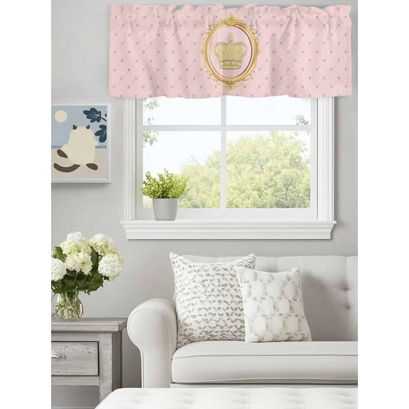 Curtain Valance for Windows,Golden Crown Queen Pink Lattice Kitchen Valances Rod Pocket Short Curtains,White Dot Window Treatment Panel for Bedroom Bathroom 60"x18"