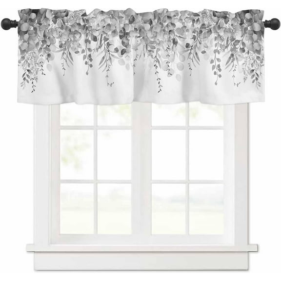 Curtain Valance for Windows Gray Eucalyptus Rod Pocket Valance Window Treatments 1 Panel Watercolor Leaves Short Curtains for Kitchen Windows Bathroom Bedroom 54 x 18 inch