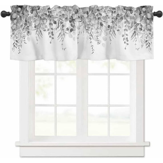Curtain Valance for Windows Gray Eucalyptus Rod Pocket Valance Window Treatments 1 Panel Watercolor Leaves Short Curtains for Kitchen Windows Bathroom Bedroom 54 x 18 inch