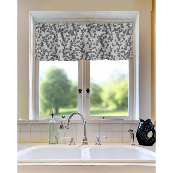 Curtain Valance for Windows Gray Overlay Leaves Seamless Kitchen Valances Rod Pocket Short Curtains,Abstract Leaf and Stripes Window Treatment Panel for Living Room Bathroom Bedroom 42x18in