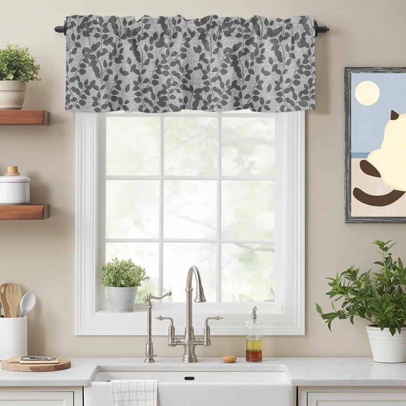 Curtain Valance for Windows, Gray Overlay Leaves Seamless Kitchen Valances Rod Pocket Short Curtains, Abstract Leaf and Stripes Window Valance for Bedroom Bathroom Living room 54x18in