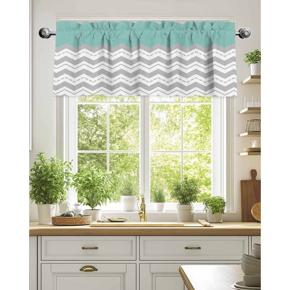 Curtain Valance for Windows,Gray Ripple Zigzag Chevron Kitchen Valances Rod Pocket Short Curtains,Teal Watercolor Window Treatment Panel for Bedroom Bathroom 54"x18"