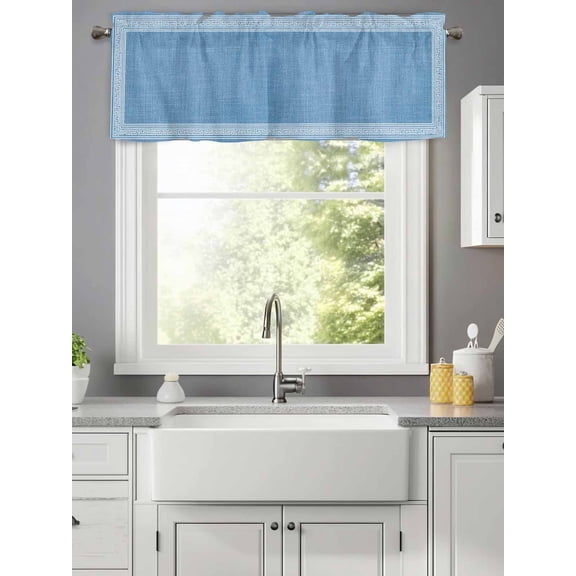 Curtain Valance for Windows,Greece Sky Blue Key Design Kitchen Valances Rod Pocket Short Curtains,Farm Linen Geometric Art Window Treatment Panel for Bedroom Bathroom 42x12in