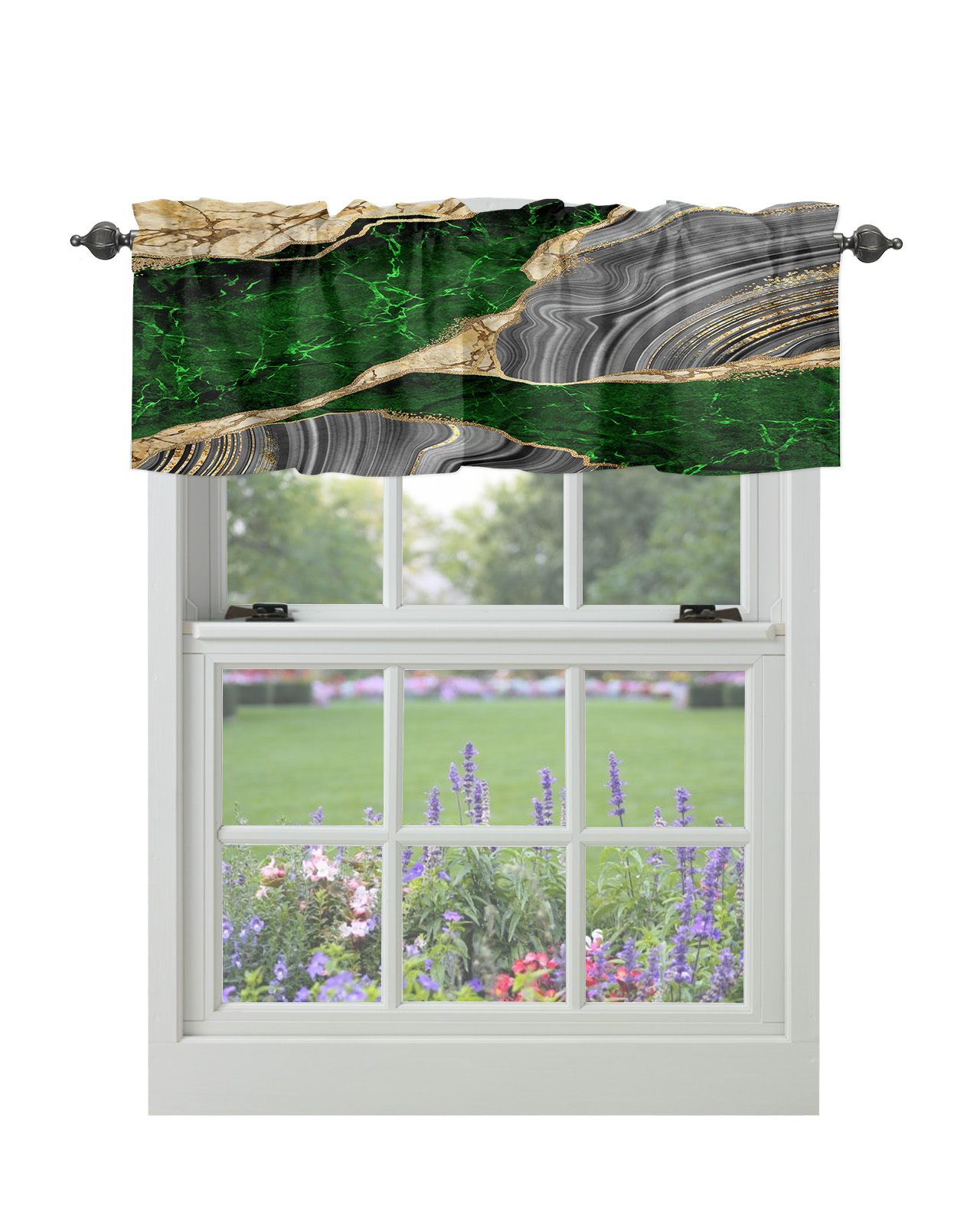 Curtain Valance for Windows Green Abstract Marble Rod Pocket Valance