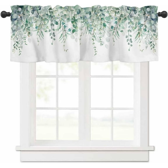 Curtain Valance for Windows Green Eucalyptus Rod Pocket Valance Window Treatments 1 Panel Watercolor Leaves Short Curtains for Kitchen Windows Bathroom Bedroom 54x18in
