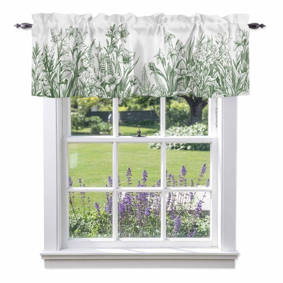 Curtain Valance for Windows, Green Flowers Iris Lavender Leaves Kitchen Valances Rod Pocket Short Curtains, Spring Botanical Window Valance for Bedroom Bathroom Living room 42x12in
