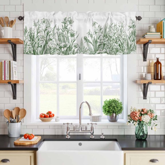 Curtain Valance for Windows Green Flowers Iris Lavender Leaves Short Rod Pocket Kitchen Valances Blackout Curtains Spring Botanical Window Treatment for Living Room Bathroom Bedroom,54"x18"