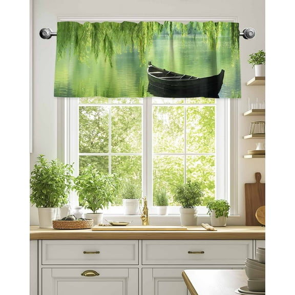 Curtain Valance for Windows,Green Leaves Boat Lake Kitchen Valances Rod Pocket Short Curtains,Zan Natural Scenery Window Treatment Panel for Bedroom Bathroom 54"x18"