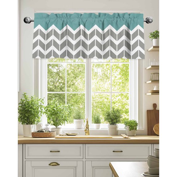 Curtain Valance for Windows,Grey Zigzag Ripple on Teal Kitchen Valances Rod Pocket Short Curtains,Abstract Chevron Stripes Window Treatment Panel for Bedroom Bathroom 42"x18"