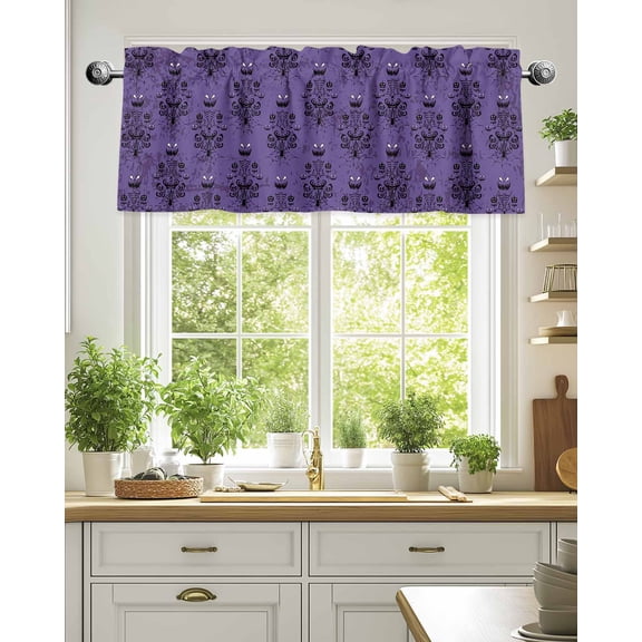Curtain Valance for Windows,Halloween Haunted Pumpkin Ghost Spiders Web Kitchen Valances Rod Pocket Short Curtains,Black Damask Floral on Purple Window Treatment Panel for Bedroom Bathroom 42"x18"