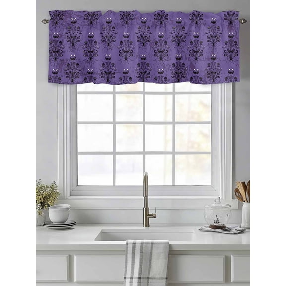 Curtain Valance for Windows,Halloween Haunted Pumpkin Ghost Spiders Web Kitchen Valances Rod Pocket Short Curtains,Black Damask Floral on Purple Window Treatment Panel for Bedroom Bathroom 42"x12"