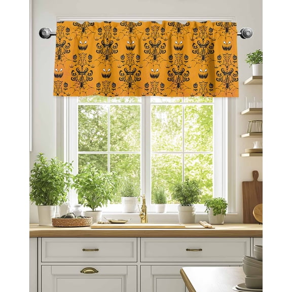 Curtain Valance for Windows,Halloween Haunted Pumpkin on Orange Kitchen Valances Rod Pocket Short Curtains,Spiders- Web Damask Flower Seamless Window Treatment Panel for Bedroom Bathroom 54"x18"
