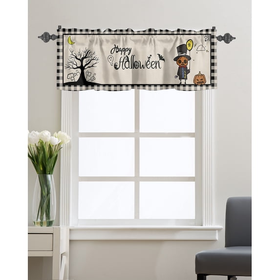 Curtain Valance for Windows Halloween Pumpkin Ghost Face Black Check Kitchen Valances Rod Pocket Short Curtains,Bat Dead Tree Vintage Linen Window Treatment Panel for Living Room Bathroom 60x18in