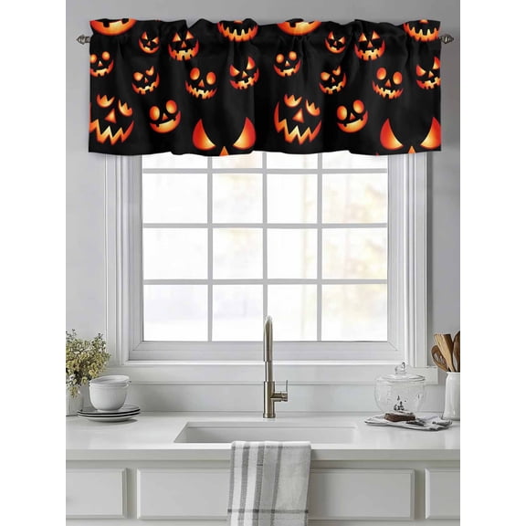Curtain Valance for Windows,Halloween Pumpkin Ghost Face Kitchen Valances Rod Pocket Short Curtains,Scary Smile Seamless on Black Window Treatment Panel for Bedroom Bathroom 42"x12"
